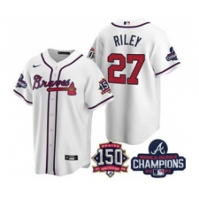 Men's Atlanta Braves #27 Austin Riley 2021 White World Series Champions With 150th Anniversary Patch Cool Base Stitched Jersey