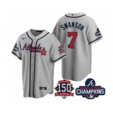 Men's Atlanta Braves #7 Dansby Swanson 2021 Gray World Series Champions With 150th Anniversary Patch Cool Base Stitched Jersey