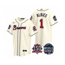 Men's Atlanta Braves #1 Ozzie Albies 2021 Cream World Series With 150th Anniversary Patch Cool Base Baseball Jersey