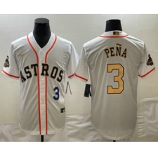Men's Houston Astros #3 Jeremy Pena 2023 White Gold World Serise Champions Cool Base Stitched Jersey
