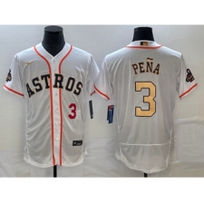 Men's Houston Astros #3 Jeremy Pena Number 2023 White Gold World Serise Champions Flex Base Stitched Jersey2