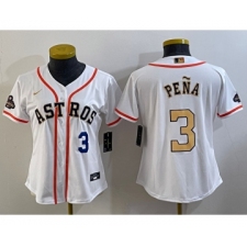 Women's Houston Astros #3 Jeremy Pena Number 2023 White Gold World Serise Champions Cool Base Stitched Jersey1