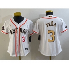 Women's Houston Astros #3 Jeremy Pena Number 2023 White Gold World Serise Champions Cool Base Stitched Jerseys