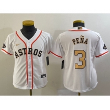 Youth Houston Astros #3 Jeremy Pena 2023 White Gold World Serise Champions Cool Base Stitched Jersey