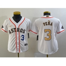 Youth Houston Astros #3 Jeremy Pena Number 2023 White Gold World Serise Champions Cool Base Stitched Jersey1