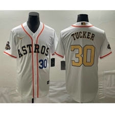 Men's Houston Astros #30 Kyle Tucker Number 2023 White Gold World Serise Champions Cool Base Stitched Jersey