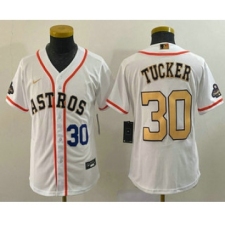 Youth Houston Astros #30 Kyle Tucker Number 2023 White Gold World Serise Champions Cool Base Stitched Jersey1