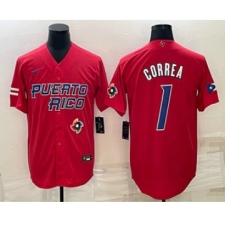 Men's Puerto Rico Baseball #1 Carlos Correa 2023 Red World Baseball Classic Stitched Jersey