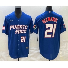 Men's Puerto Rico Baseball #21 Roberto Clemente Number 2023 Blue World Classic Stitched Jerseys