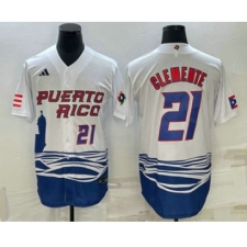 Men's Puerto Rico Baseball #21 Roberto Clemente Number 2023 White World Baseball Classic Stitched Jersey