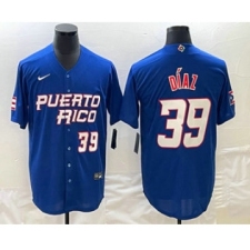 Mens Puerto Rico Baseball #39 Edwin Diaz Number 2023 Blue World Baseball Classic Stitched Jersey