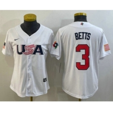 Women's USA Baseball #3 Mookie Betts 2023 White World Classic Replica Stitched Jersey
