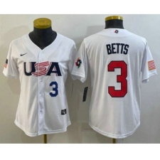 Womens USA Baseball #3 Mookie Betts Number 2023 White World Classic Replica Stitched Jersey