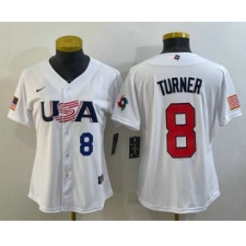 Womens USA Baseball #8 Trea Turner Number 2023 White World Classic Stitched Jersey