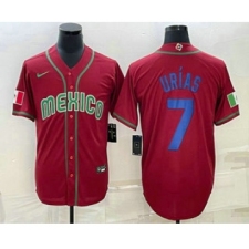 Men's Mexico Baseball #7 Julio Urias 2023 Red Blue World Baseball Classic Stitched Jersey
