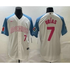 Mens Mexico Baseball #7 Julio Urias Number 2023 White Blue World Classic Stitched Jersey