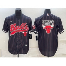 Men's Chicago Bulls Black Pinstripe Team Big Logo With Patch Cool Base Stitched Baseball Jersey