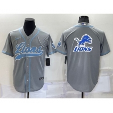 Men's Detroit Lions Grey Team Big Logo With Patch Cool Base Stitched Baseball Jersey