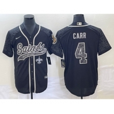 Men's New Orleans Saints #4 Derek Carr Black Reflective Cool Base Stitched Baseball Jersey