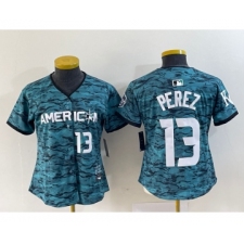 Women's Kansas City Royals #13 Salvador Perez Teal 2023 All Star Cool Base With Patch Stitched Baseball Jersey
