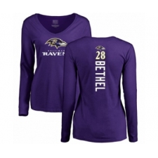 Football Women's Baltimore Ravens #28 Justin Bethel Purple Backer Long Sleeve T-Shirt