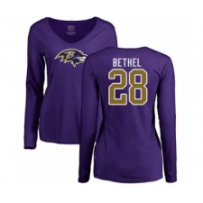 Football Women's Baltimore Ravens #28 Justin Bethel Purple Name & Number Logo Long Sleeve T-Shirt