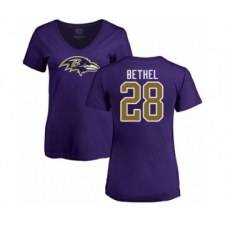 Football Women's Baltimore Ravens #28 Justin Bethel Purple Name & Number Logo T-Shirt