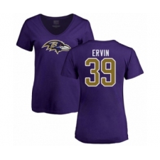 Football Women's Baltimore Ravens #39 Tyler Ervin Purple Name & Number Logo T-Shirt