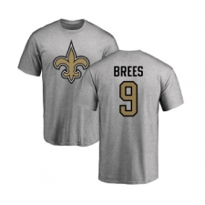 Football New Orleans Saints #9 Drew Brees Ash Name & Number Logo T-Shirt