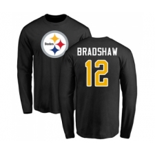 Football Pittsburgh Steelers #12 Terry Bradshaw Black Name & Number Logo Long Sleeve T-Shirt