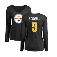 Football Women's Pittsburgh Steelers #9 Chris Boswell Black Name & Number Logo Slim Fit Long Sleeve T-Shirt