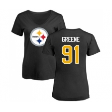 Football Women's Pittsburgh Steelers #91 Kevin Greene Black Name & Number Logo Slim Fit T-Shirt