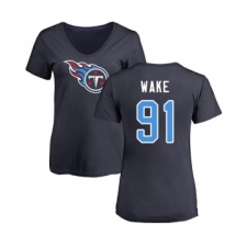 Football Women's Tennessee Titans #91 Cameron Wake Navy Blue Name & Number Logo T-Shirt