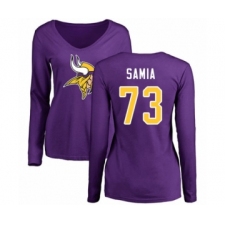 Football Women's Minnesota Vikings #73 Dru Samia Purple Name & Number Logo Slim Fit Long Sleeve T-Shirt