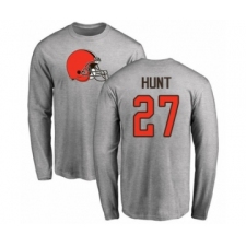 Football Cleveland Browns #27 Kareem Hunt Ash Name & Number Logo Long Sleeve T-Shirt