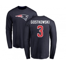 Football New England Patriots #3 Stephen Gostkowski Navy Blue Name & Number Logo Long Sleeve T-Shirt