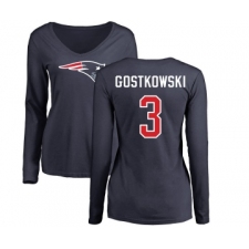 Football Women's New England Patriots #3 Stephen Gostkowski Navy Blue Name & Number Logo Slim Fit Long Sleeve T-Shirt