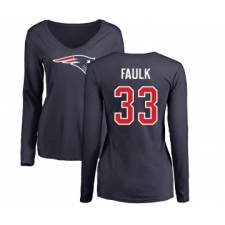 Football Women's New England Patriots #33 Kevin Faulk Navy Blue Name & Number Logo Slim Fit Long Sleeve T-Shirt
