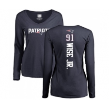 Football Women's New England Patriots #91 Deatrich Wise Jr Navy Blue Backer Slim Fit Long Sleeve T-Shirt