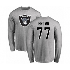 Football Oakland Raiders #77 Trent Brown Ash Name & Number Logo Long Sleeve T-Shirt