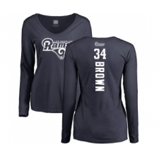Football Women's Los Angeles Rams #34 Malcolm Brown Navy Blue Backer Slim Fit Long Sleeve T-Shirt