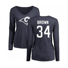 Football Women's Los Angeles Rams #34 Malcolm Brown Navy Blue Name & Number Logo Slim Fit Long Sleeve T-Shirt