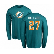 Football Miami Dolphins #27 Kalen Ballage Aqua Green Name & Number Logo Long Sleeve T-Shirt
