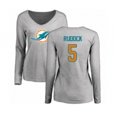 Football Women's Miami Dolphins #5 Jake Rudock Ash Name & Number Logo Long Sleeve T-Shirt