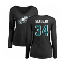 Women's Philadelphia Eagles #34 Andrew Sendejo Black Name & Number Logo Slim Fit Long Sleeve T-Shirt