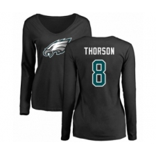 Women's Philadelphia Eagles #8 Clayton Thorson Black Name & Number Logo Slim Fit Long Sleeve T-Shirt.