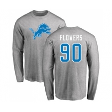 Football Detroit Lions #90 Trey Flowers Ash Name & Number Logo Long Sleeve T-Shirt