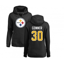 Football Women's Pittsburgh Steelers #30 James Conner Black Name & Number Logo Pullover Hoodie