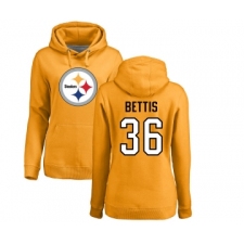 Football Women's Pittsburgh Steelers #36 Jerome Bettis Gold Name & Number Logo Pullover Hoodie