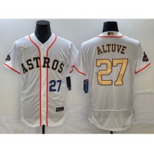 Men's Houston Astros #27 Jose Altuve Number 2023 White Gold World Serise Champions Flex Base Stitched Jersey1